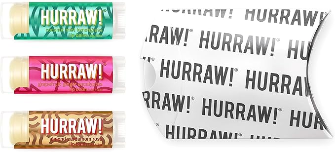 Hurraw! Pitta (Coconut, Mint, Lemon Grass), Kapha (Grapefruit, Ginger, Eucalyptus), Vata (Almond, Cardamon Rose) Lip Balms, 3 Pack Bundle: Organic, Certified Vegan, Cruelty, Gluten Free, 100% Natural-Velvo Beauty
