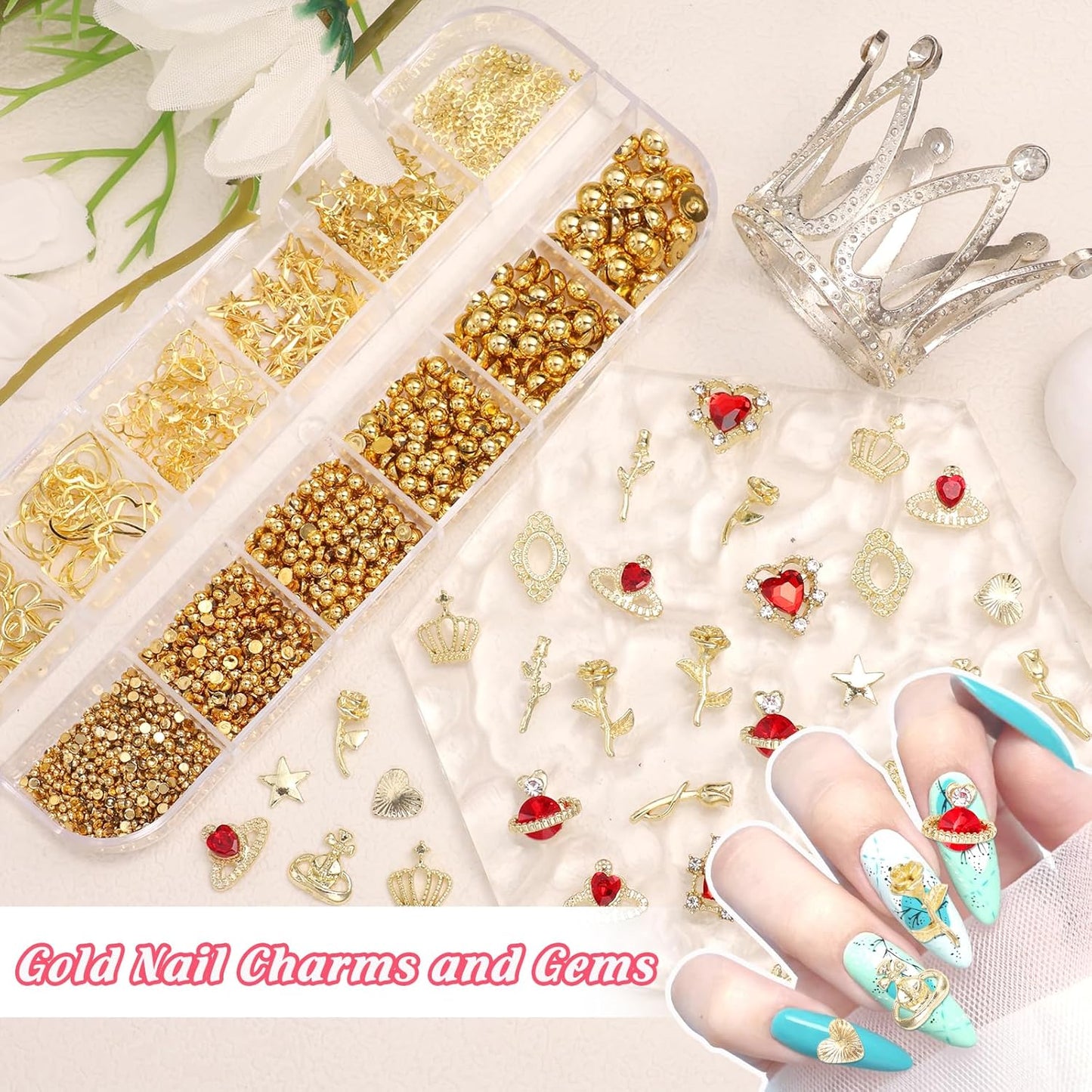 2 Boxes Metal Gold Nail Charms and Gems, 3D Alloy Crown Heart Planet Nail Gems Charms, Golden Bows Star Nail Studs, Gold Pearls Beads for Nails Art Designs DIY Accessories-Velvo Beauty