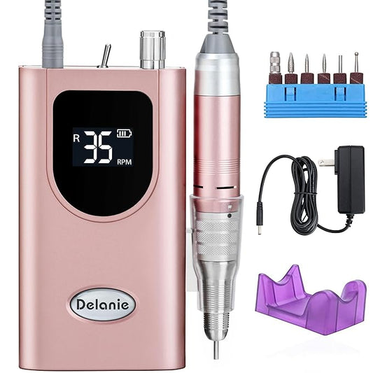 Delanie Professional Nail Drill High Torque 35000 RPM Rechargeable Portable Electric Nail File Filer for Acrylic Gel with Cuticle Bits, Salon Manicure Tool, Rose Gold-Velvo Beauty