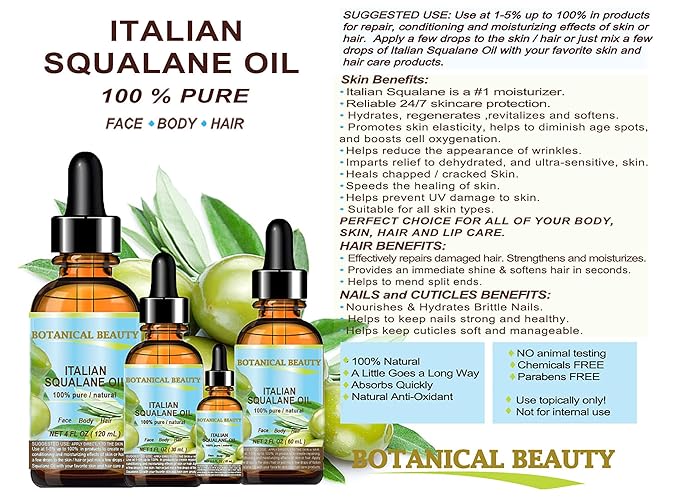 SQUALANE Italian Olive. 100% Pure Natural Undiluted Oil. 2 fl.oz- 60ml. 100% Ultra-Pure Moisturizer for Face, Skin, Body, Hair. Reliable 24/7 skincare protection-Velvo Beauty