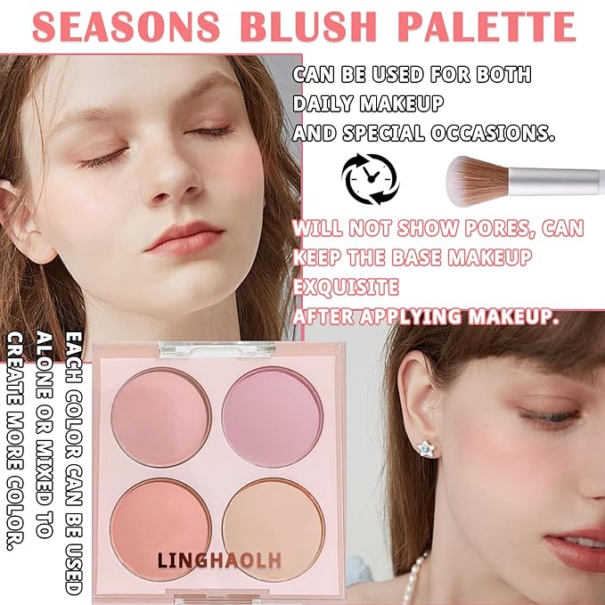 4 Colors Blush Palette for Cheeks,Face Matte Contour Blush Makeup Palette,Buildable Shimmer Facial Cheek Blusher Shades,Blendable Cosmetic Makeup Blush with Blush Brush 03-Velvo Beauty
