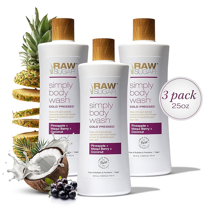 RAW SUGAR Simply Body Wash - Pineapple + Maqui Berry + Coconut, Moisturizing & Brightening Bath & Shower Gel, Sulfate-Free, Paraben-Free & Vegan (Pack of 3)-Velvo Beauty
