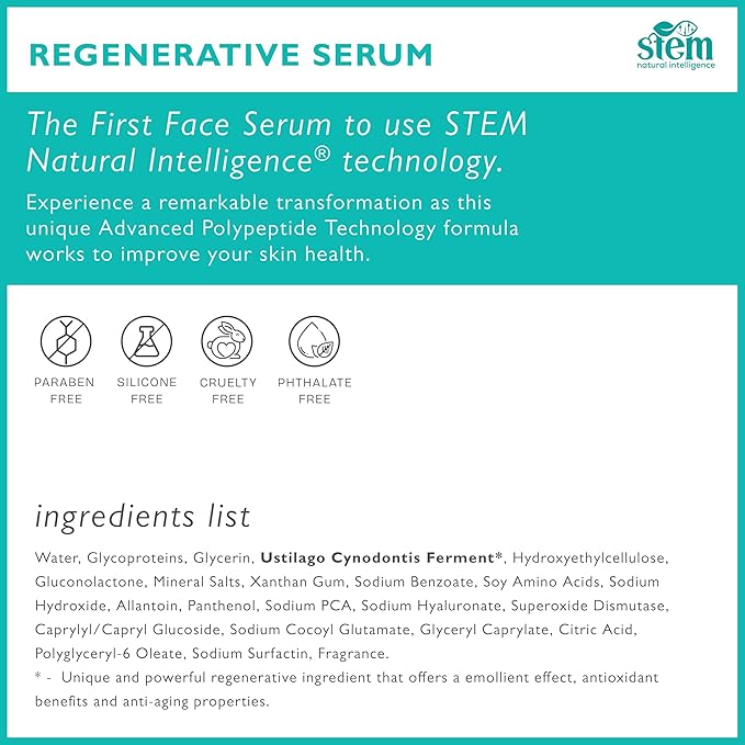 STEM Natural Intelligence Skin and Face ReGenerative Serum for Women, Facial Moisturizer Skin Care Peptides Serum, Luxury Face Moisturizer for Women, Hydration Serums, Antioxidant Support Serums, 1 oz-Velvo Beauty