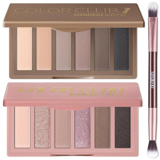 2PCS 6 Colors Mini Naked Eyeshadow Palette Makeup with Brush Set Neutral Nude Eye Shadow Pink & Brown Matte Shimmer Make Up Pallet with Mirror Highly Pigmented Travel Size Gift Kit-Velvo Beauty