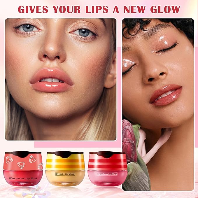 Honey Lip Balm (Strawberry, Watermelon) - Smooth, Hydrating Propolis Lip Mask Overnight Scrubs Exfoliator, Natural Ingredients, Lip Care Set-Velvo Beauty