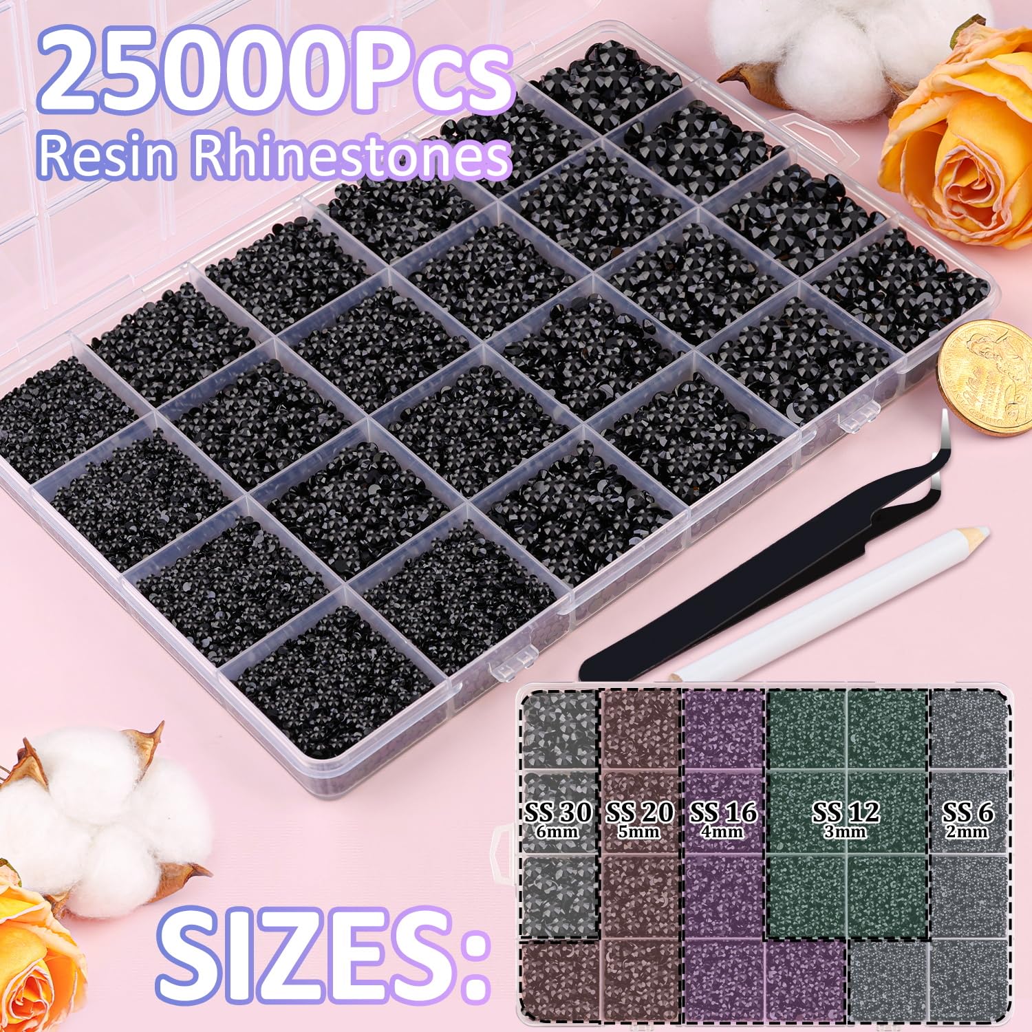 25000Pcs Resin Jelly Rhinestones for Crafting, Black 2-6mm Mixed Sizes Non Hotfix Flatback Gems, Bedazzling Crystal for DIY Crafts Clothing Tumblers Mugs Shoes Fabric Nail Art-Velvo Beauty