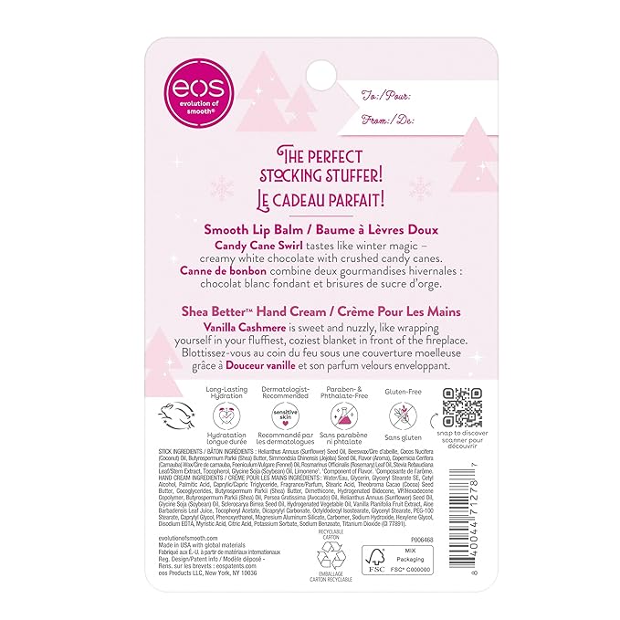 eos Holiday Skin Care Set- Vanilla Cashmere Travel Hand Cream & Candy Cane Swirl Lip Balm, Stocking Stuffers, 1 fl oz Hand Cream + 0.14 oz Lip Balm, 2-Pack-Velvo Beauty