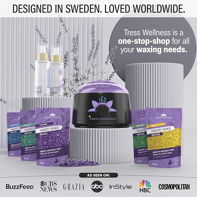 Tress Wellness Waxing Kit for Sensitive Skin – Safe for Face & Skin, Prep & Aftercare Spray, Easy to Use – At-Home Kit for Face, Bikini, Brazilian & Full Body, Black & White-Velvo Beauty