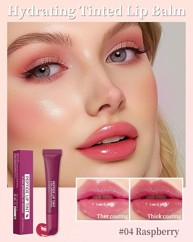 Tinted Lip Balm-1Pcs Raspberry Peptide Hydrating Lip Tint Moisturizer,Jelly Glossier Lip Treatment Balm,Non-Stick Lip Care Glow Reviver Lip Oil,Yummy Glowy Lip Gloss,Thanksgiving Makeup for Women-04-Velvo Beauty
