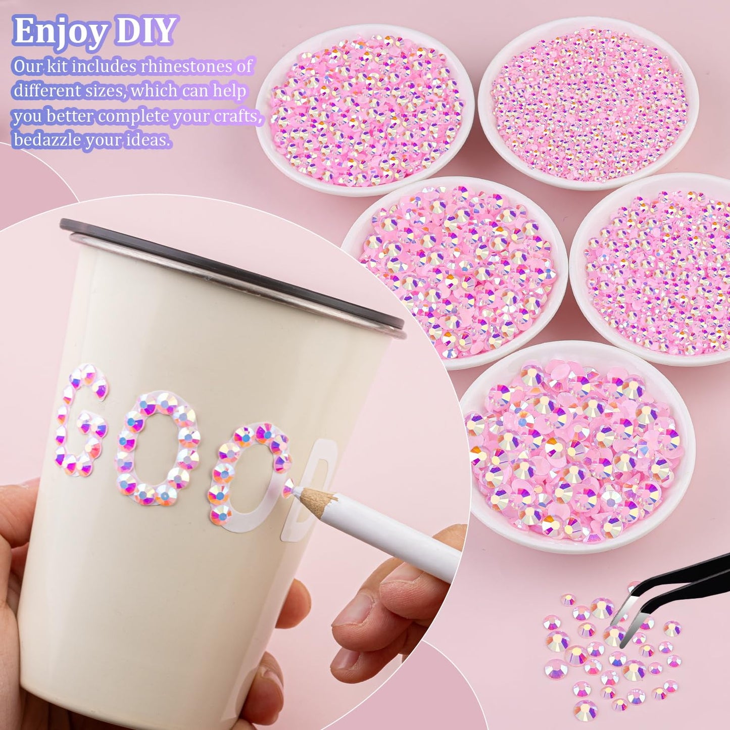 30000Pcs Resin Jelly Rhinestones with Tweezers for Crafting, Light Pink AB Flatback Gems, Bedazzling Crystal with 3Pcs 10ml B7000 Jewelry Glue for DIY Crafts Clothing Tumblers Shoes Fabric Nail Art-Velvo Beauty