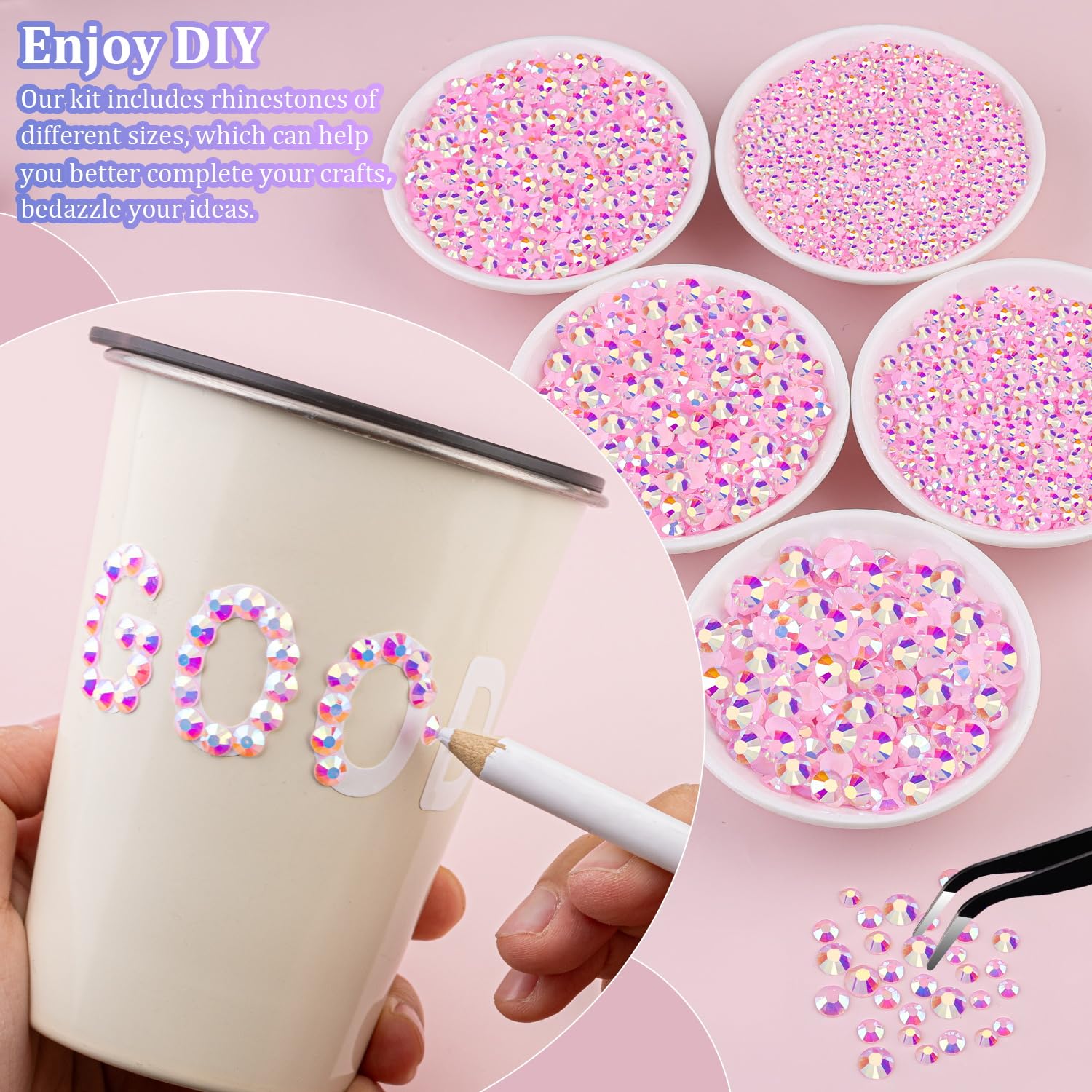 30000Pcs Resin Jelly Rhinestones with Tweezers for Crafting, Light Pink AB Flatback Gems, Bedazzling Crystal with 3Pcs 10ml B7000 Jewelry Glue for DIY Crafts Clothing Tumblers Shoes Fabric Nail Art-Velvo Beauty