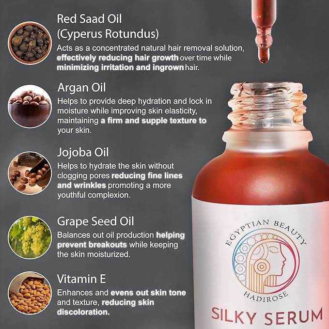 Silky Serum by Hadirose | Pure Red Saad Oil (Egyptian Cyperus Rotundus) Concentrated | Organic All Natural Hair Removal Serum | Scented (Rose, Jasmine & Lavender) | Made in the USA.-Velvo Beauty