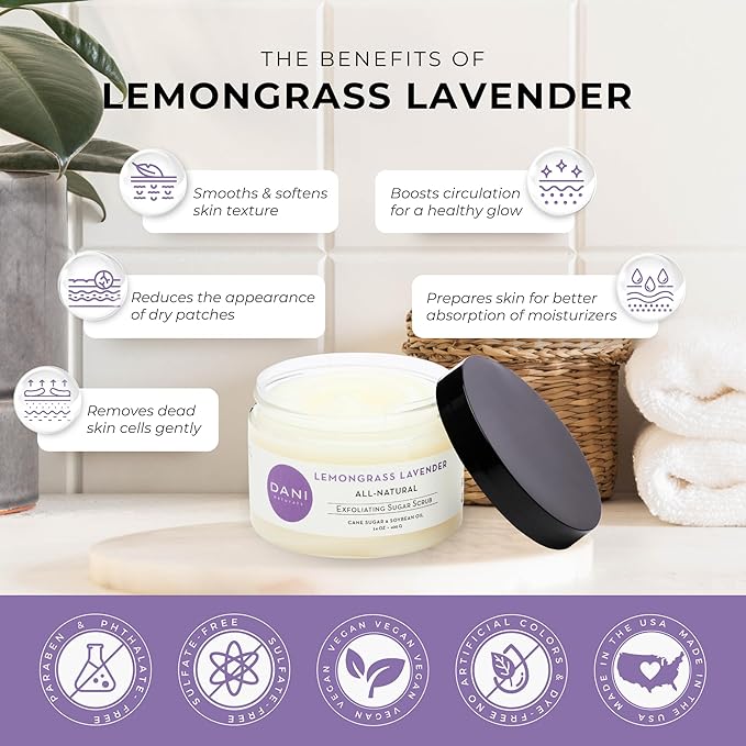 Naturals Sugar Scrub - Exfoliating Lemongrass Lavender with organic cane sugar and shea butter gently exfoliates and hydrates, leaving skin smooth and refreshed. 14 oz-Velvo Beauty