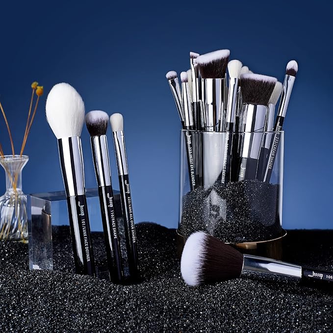 Jessup 25pcs Professional Makeup Brush Set Foundation Powder Concealer Eyeshadow Blending Blush Highlighter Natural-Synthetic Hair Brushes (Black/Silver)-Velvo Beauty