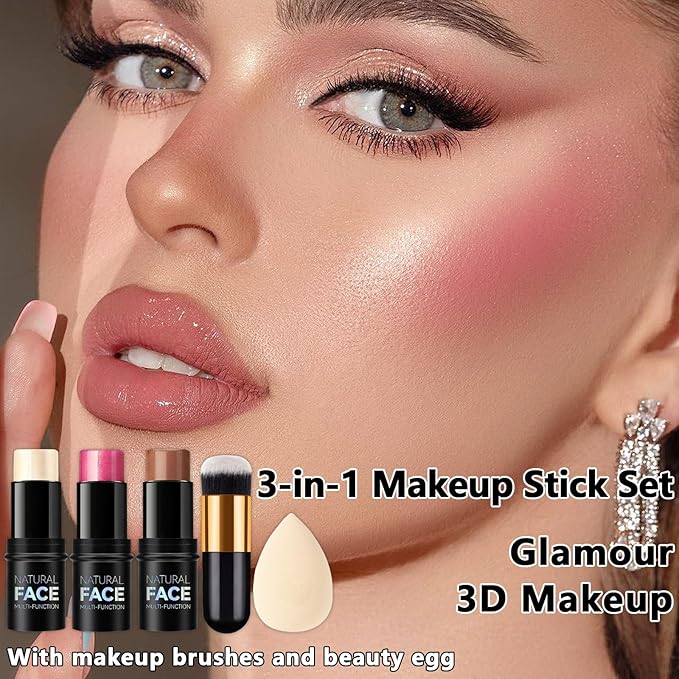 3 Pcs Contour Stick, Highlighter Stick, Blush Stick, Cream Contour Kit with Contour Brush, Create Face Contour, Non-greasy, Waterproof Long-lasting Effect for Women (1+3+4,LIGHT)-Velvo Beauty