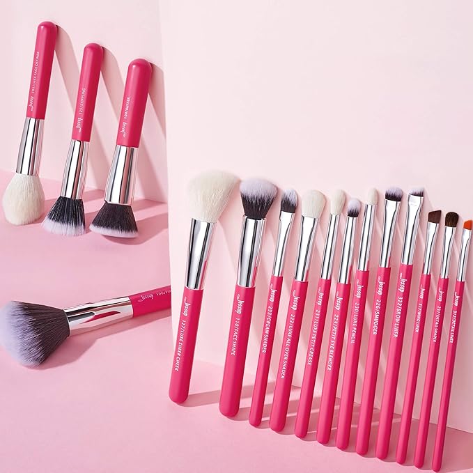 Jessup Brand 25pcs Professional Makeup Brush Set Beauty Cosmetic Foundation Powder Blusher Eye Shadow Blending Concealer Highlight Natural-Synthetic Hair Brushes Set (Rose Carmine/Silver)-Velvo Beauty
