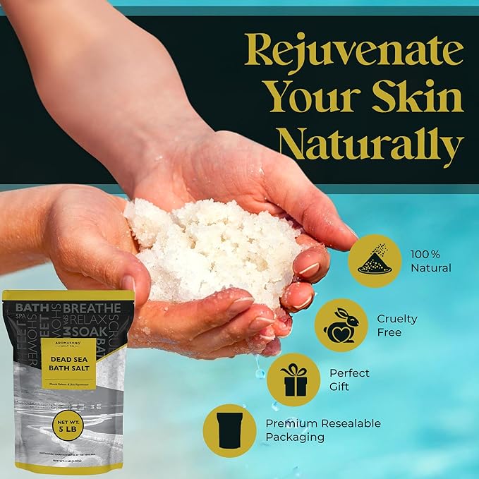 Aromasong Dead Sea Bath Salt - 100% Pure & Natural Dead Sea Salts for Soaking Fine Grain 5 LB - Bulk Resealable Pack (Packaging May Vary) Used for Body wash Scrub - Soak for Women & Men.-Velvo Beauty