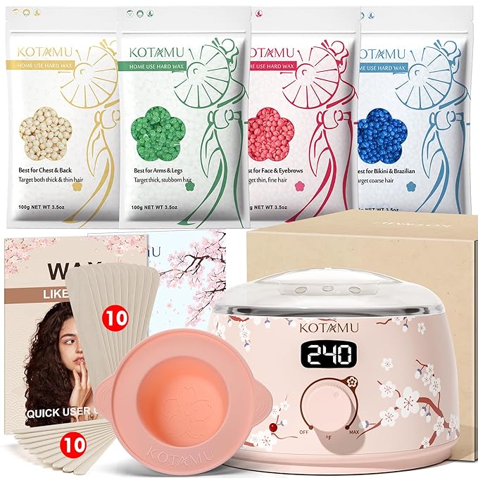 KOTAMU Waxing Kit for Women & Men, Wax Warmer for Hair Removal, Digital Wax Kit with Silicone Pot,Ideal for Face Eyebrow Arm Legs Armpit &Sensitive Skin, Cherry Waxing Machine for Home Salon Use-Velvo Beauty