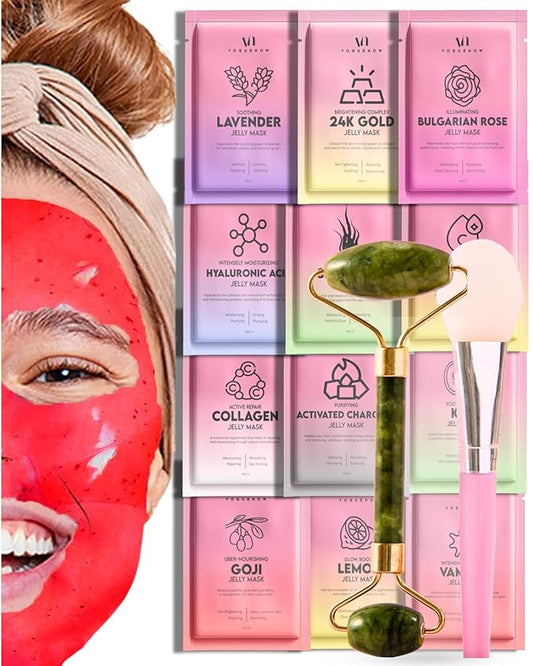 Jelly Mask for Facials - 12 Flavors Hydrating & Brightening Jelly Face Masks | Free Jade Roller & Spatula | Bulgarian Rose, Lavender, Hyaluronic Acid, 24K Gold face mask skin care |Vajacial Jelly Mask-Velvo Beauty
