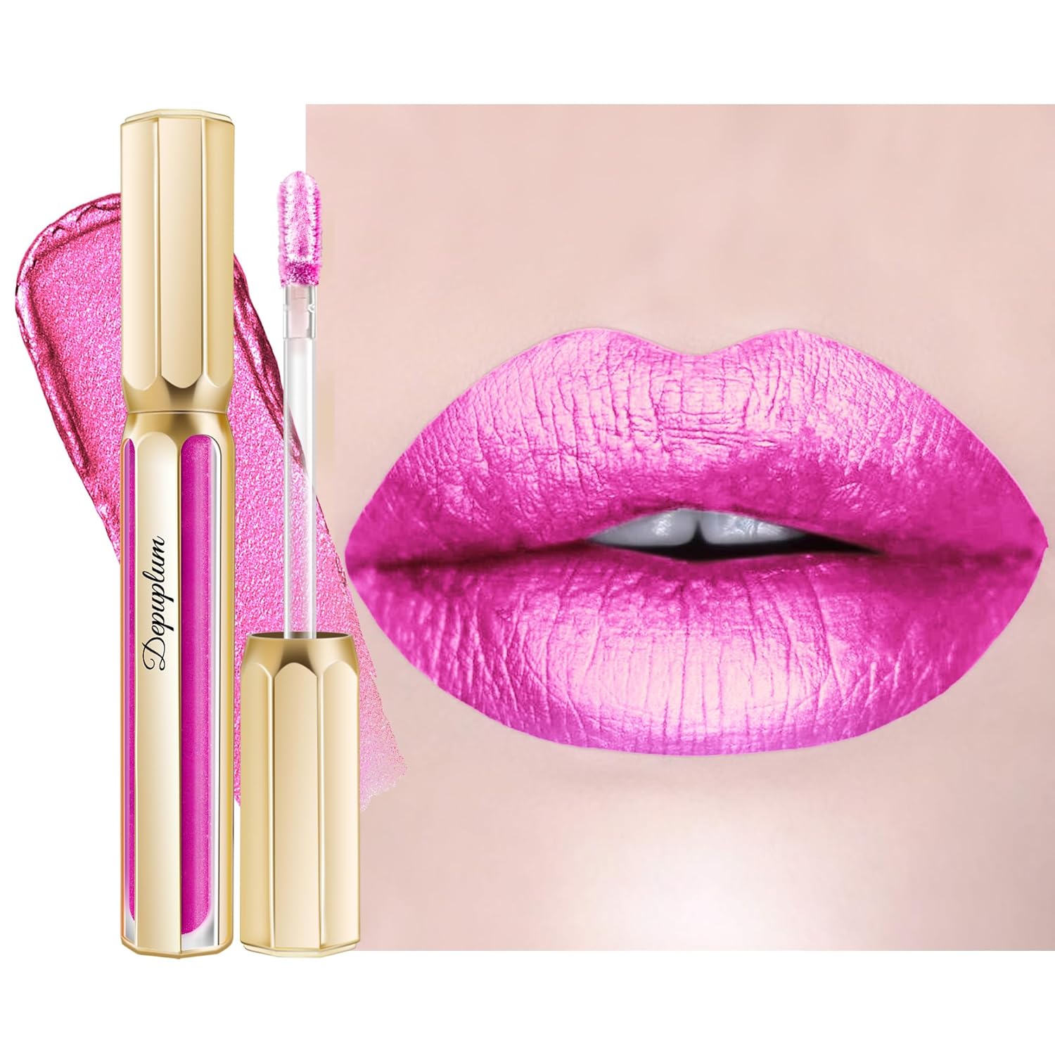 Hot Pink Lipsticks for Women Metallic Lipstick Long Lasting Non Stick Cup Lip Gloss, Shimmer Lightweight Hydrating Full Coverage Lip Color,DP112 Show Girl-Velvo Beauty
