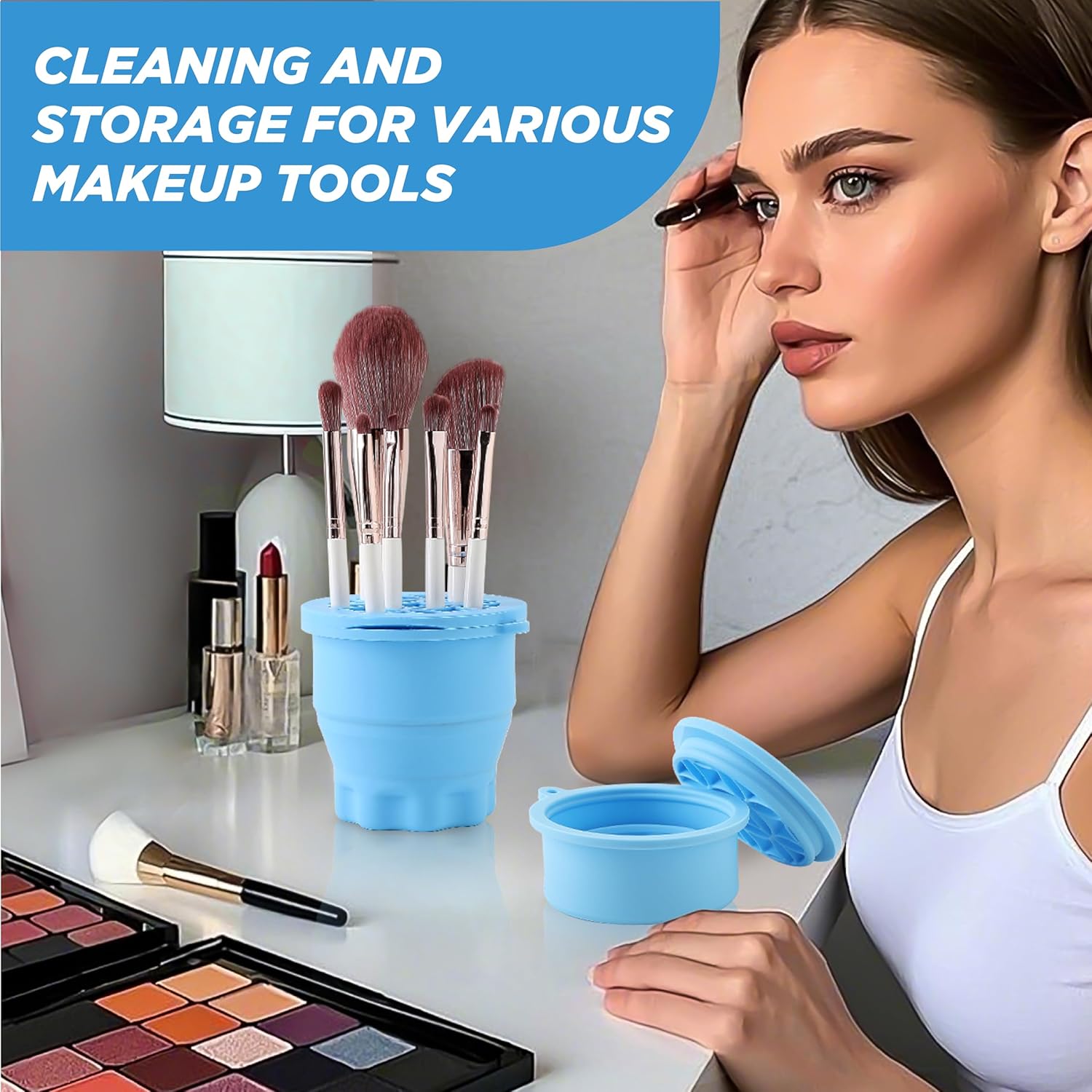 Makeup Brush Cleaner - Foldable Silicone Makeup Brush Cleaner Mat with Brush Storage Holder Makeup Brush Cleaning Bowl Cosmetic Brush Washing Tool for Cleaning Organizer and Drying (Blue)-Velvo Beauty