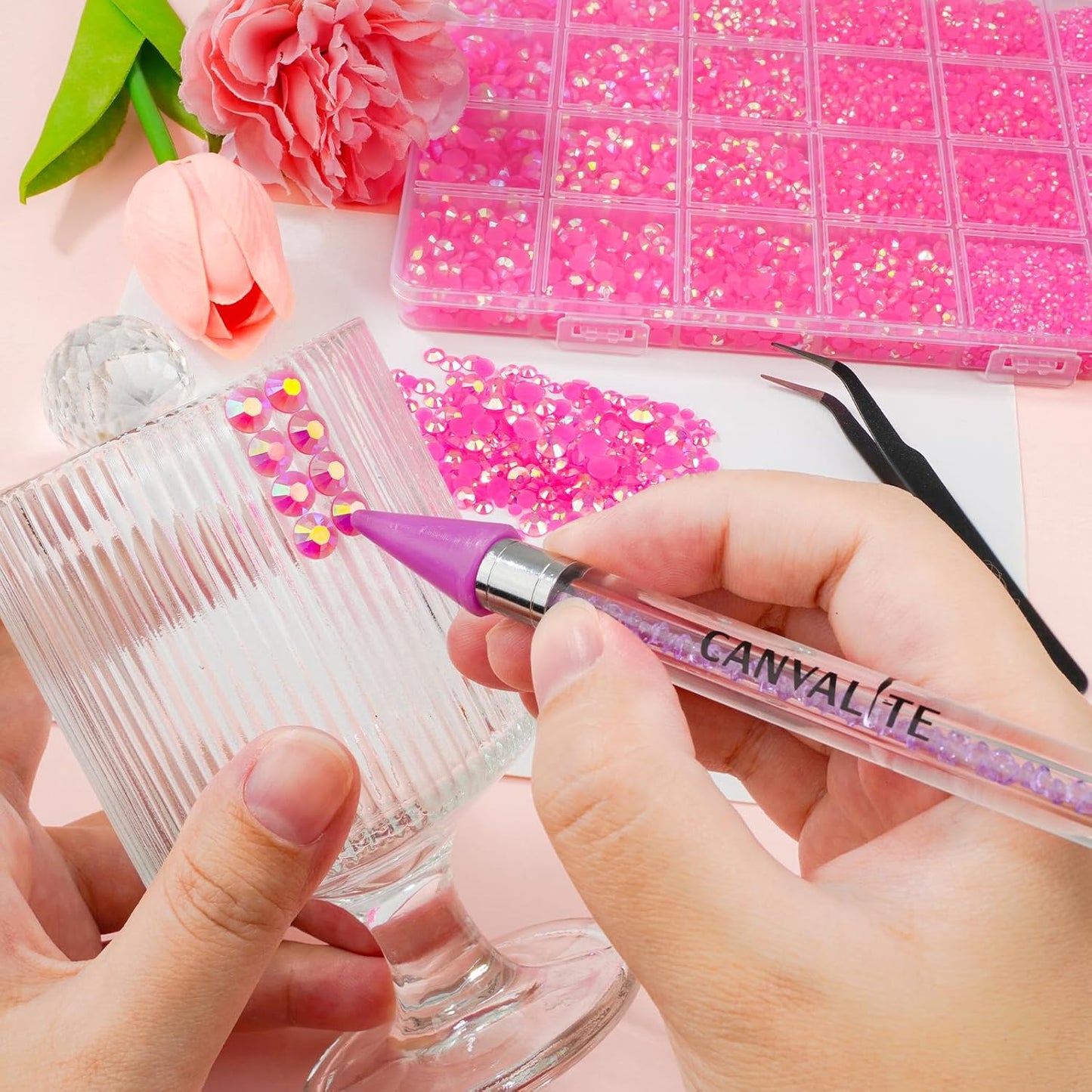 Canvalite 25000PCS Resin Jelly Rhinestones for Crafting,Hot Pink AB Flatback Gems, Bedazzling Crystal with 5x2.5g B7000 Jewelry Glue and Tweezers Dotting Pen for DIY Crafts Clothing Shoes Nail Art-Velvo Beauty