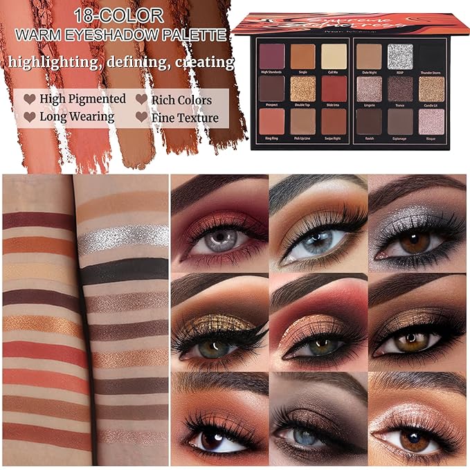 Prism Makeup Matte Eyeshadow Palette Pro 18 Colors Pigmented Shimmer Glitter Eye Shadow Palette, Long Lasting Waterproof Smokey Powder Cosmetics Halloween Makeup Kit (01# Seductress)-Velvo Beauty