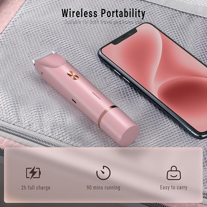 2-in-1 Bikini Trimmer for Women, Bikini Shaver with Dual Heads, Painless Body and Facial Hair Removal, Rechargeable Cordless Electric Razors for Face Chin Pubic Underarm Legs, IPX7 Waterproof, Pink-Velvo Beauty