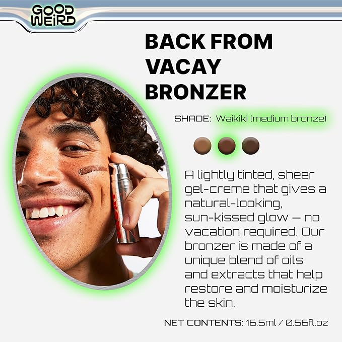 GOOD WEIRD Back From Vacay Bronzer - Vegan Liquid Face Bronzer Gel Cream for Men and Women | Natural Glow Lightweight Highlighter Makeup | Subtle Shimmer | 0.56 fl. oz. | WAIKIKI (Medium Bronze)-Velvo Beauty