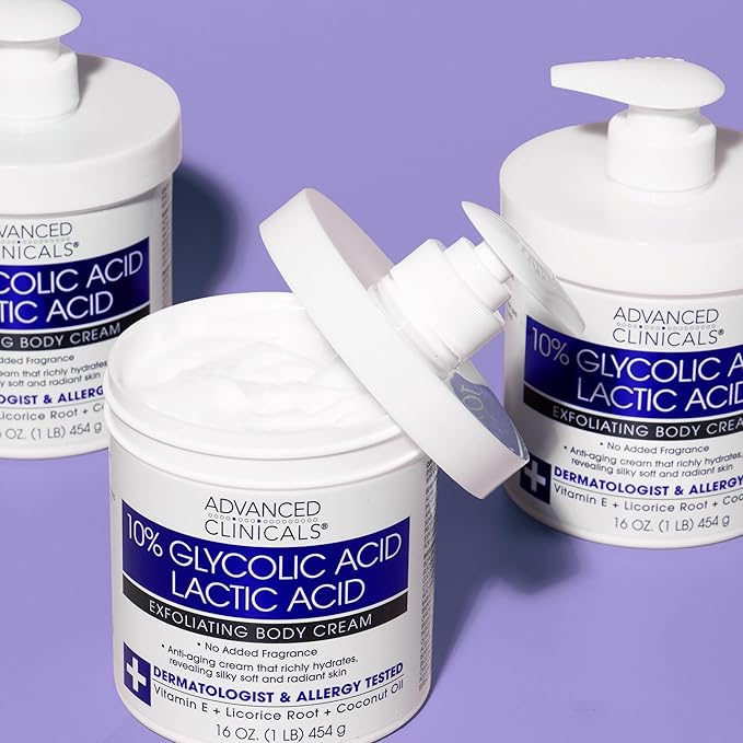 Advanced Clinicals 10% Glycolic Acid + Lactic Acid Lotion Exfoliant Moisturizing Cream With Hyaluronic Acid Moisturizer | AHA Exfoliating Body Cream Improves Look Of Uneven Rough Skin Texture, 2-Pack-Velvo Beauty