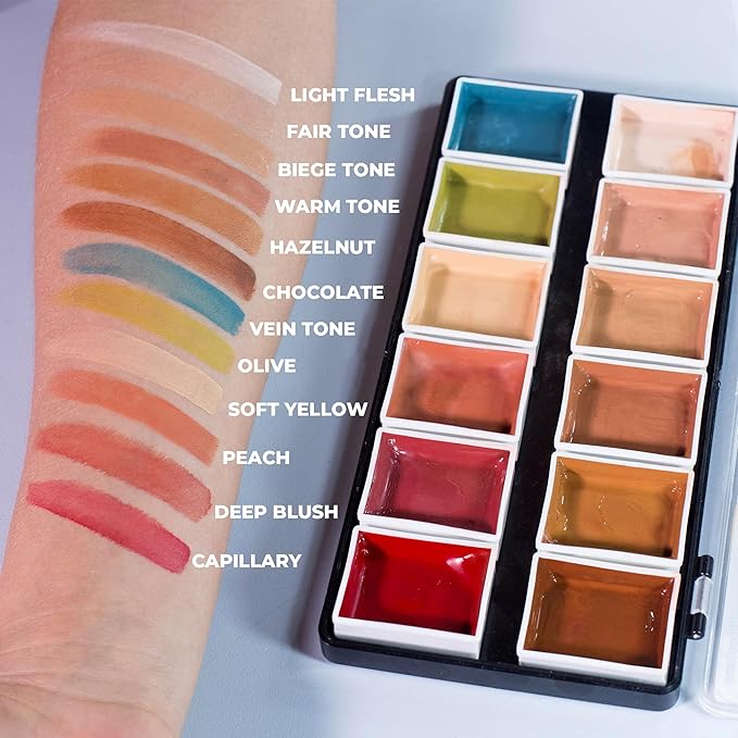 12-Color Flesh Tone Alcohol-Activated Palette, Tattoo Cover, Highly Pigmented Professional SFX Makeup for Film, Theatre, TV-Velvo Beauty
