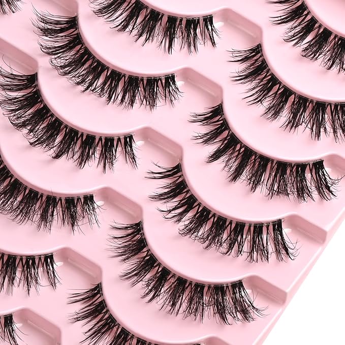 FARRED Cat Eye Lashes False Eyelashes Short Wispy Lash Strips Volume Eyelash 14 Pairs Cateye Medium Length False Clear Band Lashes Natural Looking Hybrid Clusters Full Strip Lashes (F29 | 7-14mm)-Velvo Beauty