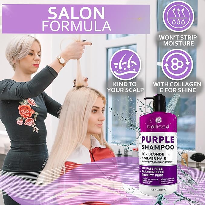 Purple Shampoo - Toner for Blonde Hair - Sulfate and Paraben Free - More Balanced Color Treated, Bleached, Silver, White and Gray Hair - No More Orange, Straw Yellow and Brassy Tones - Women and Men-Velvo Beauty