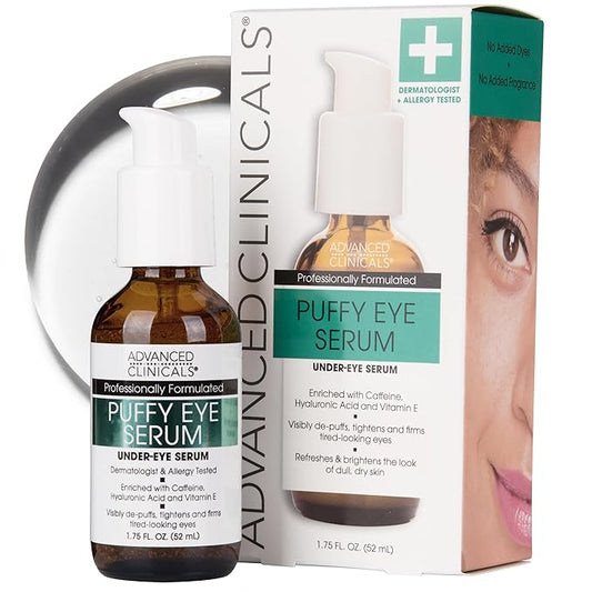 Advanced Clinicals Puffy Eye Under Eye Serum | Visible Anti Aging Brightening Vitamin C + Caffeine Serum Helps Improve Look Of Puffiness, Fine Lines, Dark Circles, & Uneven Skin Tone, 1.75 Fl Oz-Velvo Beauty