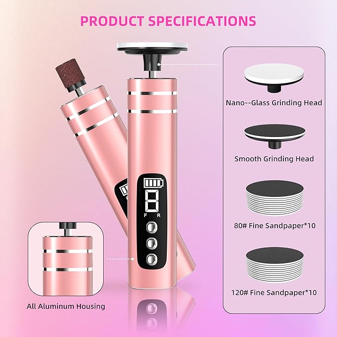 2 in 1 Electric Foot Callus Remover,9 Adjustable Speeds Rechargeable Electric Dead Skin Sander Pedicure Tools with Sandpaper Disk and Nail Drill Bits,Grinding Heads for Women&Men-Velvo Beauty