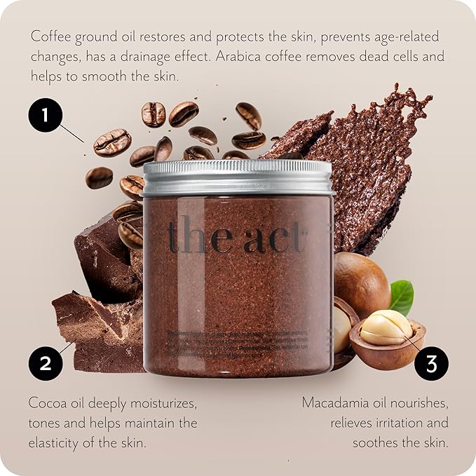 THE ACT Coffee Body Scrub with Salt & Cocoa – Exfoliating Scrub for Cellulite, Stretch Marks, Ingrown Hair – Organic Moisturizing Body Scrub with Vitamin E & Menthol – Gift for Women & Men, 10.58 Oz-Velvo Beauty