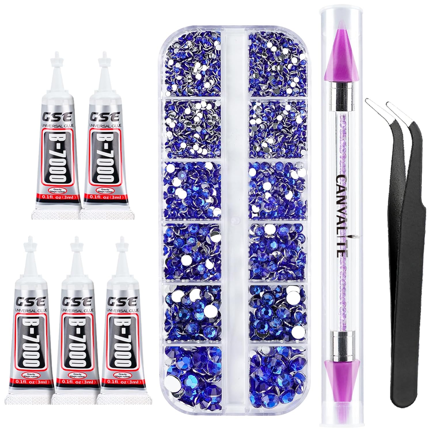 Canvalite 2784PCS Blue Rhinestones Flatback Gems, Nail Rhinestones Nail Art Gems with Glues, Pick Up Tweezers and Rhinestone Picker Dotting Pen, Nail Art Tools for Nails, Clothes, Face, Crafts-Velvo Beauty