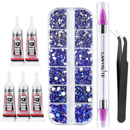 Canvalite 2784PCS Blue Rhinestones Flatback Gems, Nail Rhinestones Nail Art Gems with Glues, Pick Up Tweezers and Rhinestone Picker Dotting Pen, Nail Art Tools for Nails, Clothes, Face, Crafts-Velvo Beauty