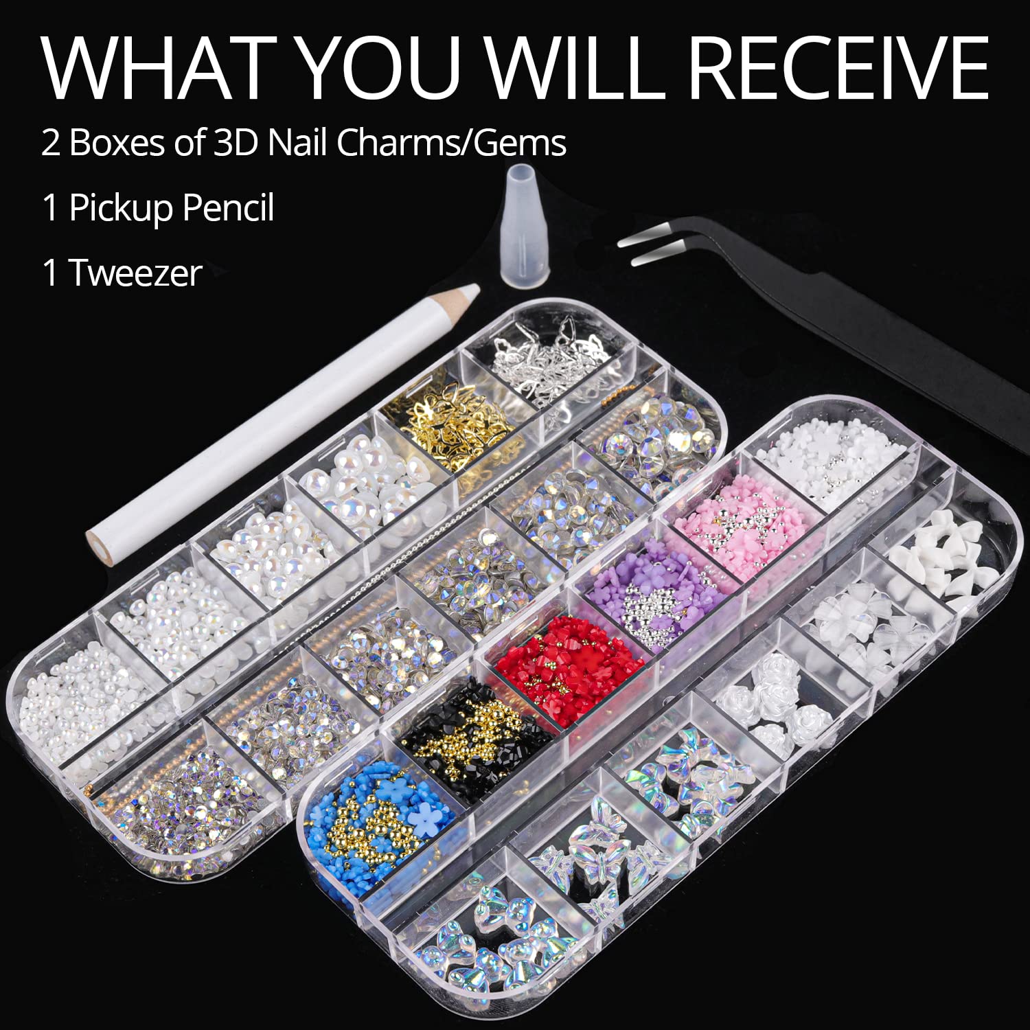 Mixed 3D Nail Art Gem Decoration Accessories Kit #11, Aurora Bear Bow Butterfly Starry AB Rhinestone Charm Jewelry for Deco, Pearl Flower Caviar Bead Stone Crystal with Pickup Pencil and Tweezer-Velvo Beauty