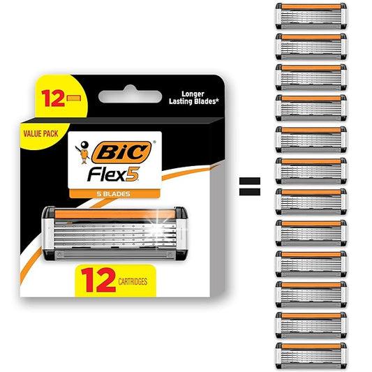 BIC Flex 5 Refillable Men's Razor, Ideal Head Shavers for Bald Men, 12 Refill Cartridges, 5 Blade Razors for a Close Shave-Velvo Beauty