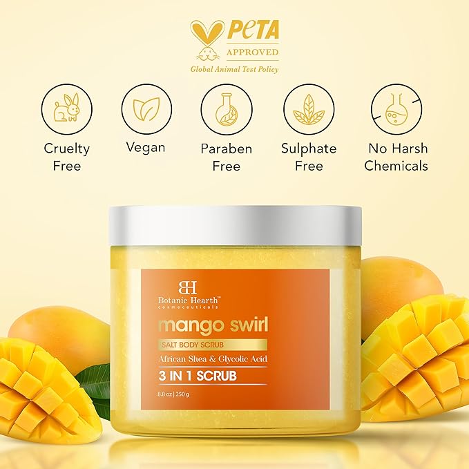 Botanic Hearth Mango Swirl Body Scrub - 8.8 fl oz - Exfoliating & Moisturizing Scrub for Smooth, Radiant Skin - Infused with African Shea & Glycolic Acid | 3 in 1 Scrub-Velvo Beauty