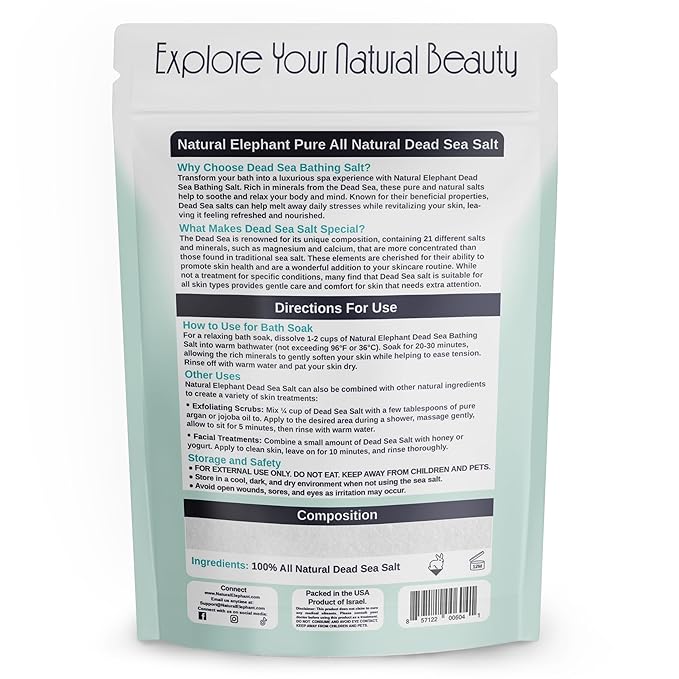 Natural Elephant Dead Sea Bath Salt | 1 Pound Bag (16oz) | 100% Natural and Pure| Fine Grain | Ideal for Baths and Soaks-Velvo Beauty
