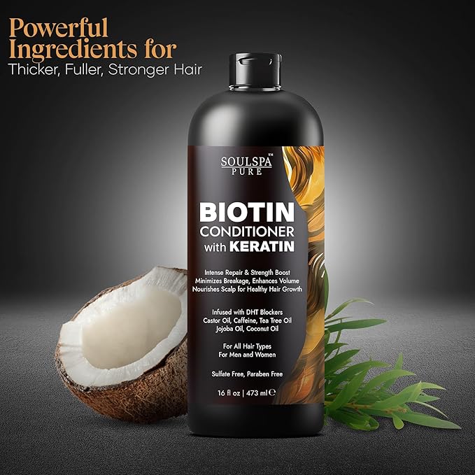 Biotin Conditioner with Keratin - Intense Repair & Strength Boost Formula - Nourishes Scalp for Healthy Hair Growth, with Tea Tree Oil & DHT Blockers, for Men & Women, 16 fl oz - SOULSPA PURE-Velvo Beauty
