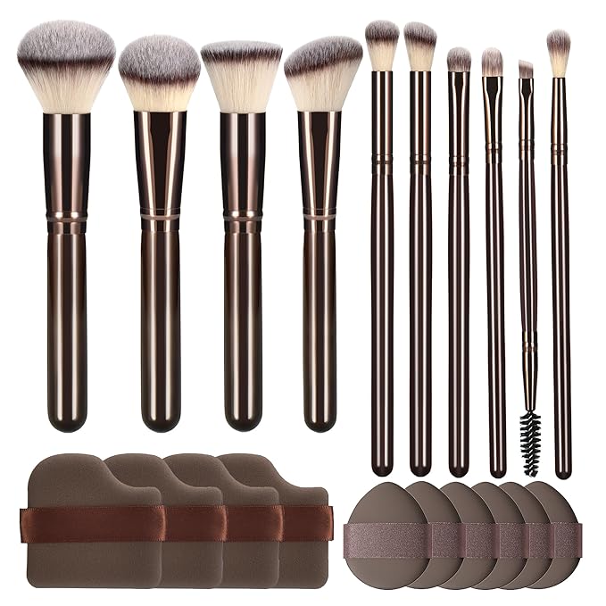 10 Piece Black brown Makeup Brushes and 10 Piece Makeup Sponge – Wooden Handle,with Soft Synthetic Bristles,|Professional Makeup Brushes set for Women & Girls|-Velvo Beauty
