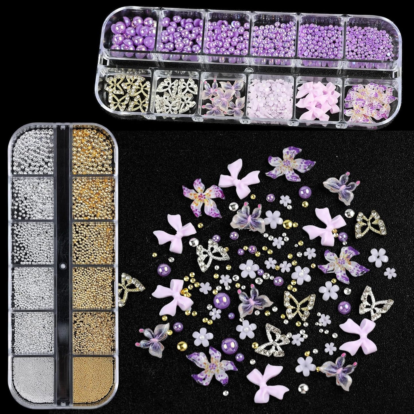 Nail Art Charms with Rhinestones Glue Gel Purple Flatback Pearls Flower Butterfly Nail Gems Supplies Accessories Gold Silver Nails Pearls for Women Nails Design Decoration-Velvo Beauty