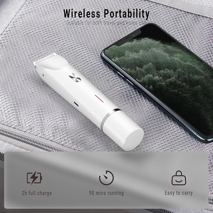 2-in-1 Bikini Trimmer for Women, Bikini Shaver with Dual Heads, Painless Body and Facial Hair Removal, Rechargeable Cordless Electric Razors for Face Chin Pubic Underarm Legs, IPX7 Waterproof, White-Velvo Beauty