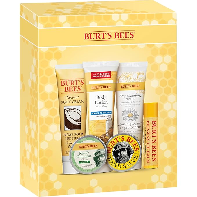 Burt's Bees Back to School Gifts Ideas, 6 College Dorm Products, Timeless Minis Set – Beeswax Lip Balm, Coconut Foot Cream, Milk & Honey Body Lotion, Deep Cleansing Cream, Res-Q Ointment & Hand Salve-Velvo Beauty