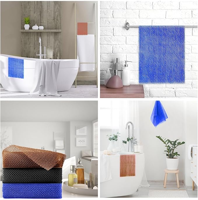 3 Pieces African Bath Sponge African Net Long Net Bath Sponge Exfoliating Shower Body Scrubber Back Scrubber Skin Smoother,Great for Daily Use (Black、Blue、Brown)-Velvo Beauty