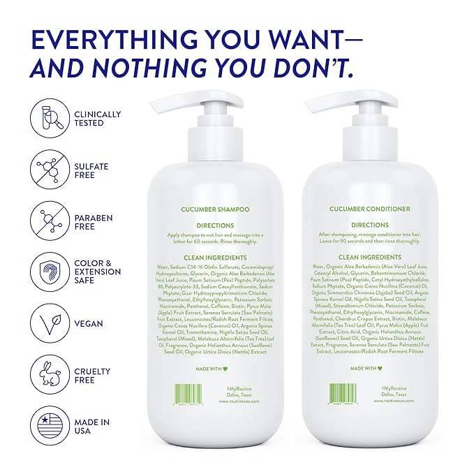 Routine Wellness Anti-Thinning Shampoo and Conditioner Set for Thinning Hair - Biotin DHT Blocker Women & Men - Color Safe Shampoo for Hair Loss & Healthier Hair - Cucumber (Pack of 2)-Velvo Beauty