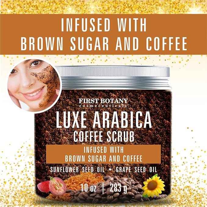 First Botany Body Scrub - Natural Exfoliating Sugar Scrub & Body and Face Souffle helps with Moisturizing Skin, Acne, Cellulite, Dead Skin Scars, Wrinkles (10 fl oz, Brown Sugar + Coffee)-Velvo Beauty
